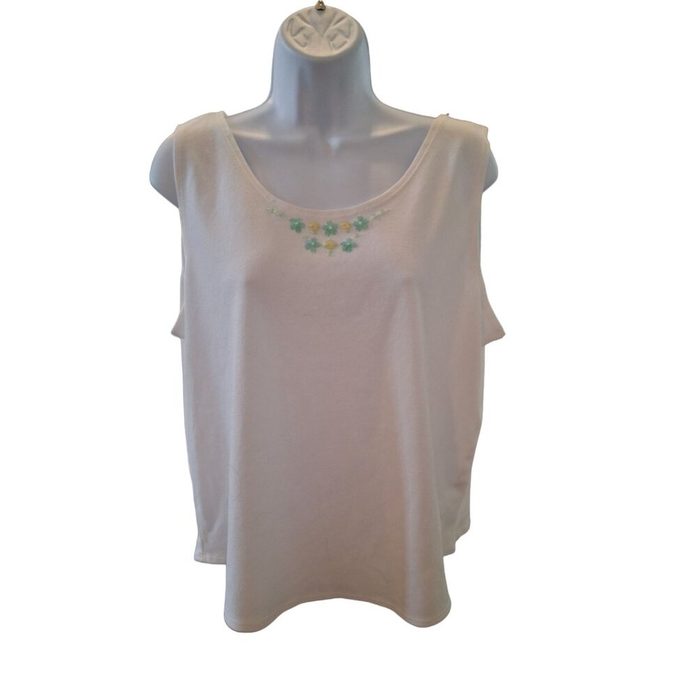 Unbranded Womens Tank Top L White Sleeveless Blue Floral Applique Cottagecore